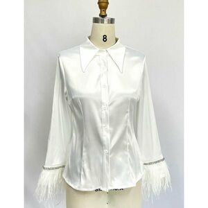 Elegant White Satin Blouse with Feather Trim